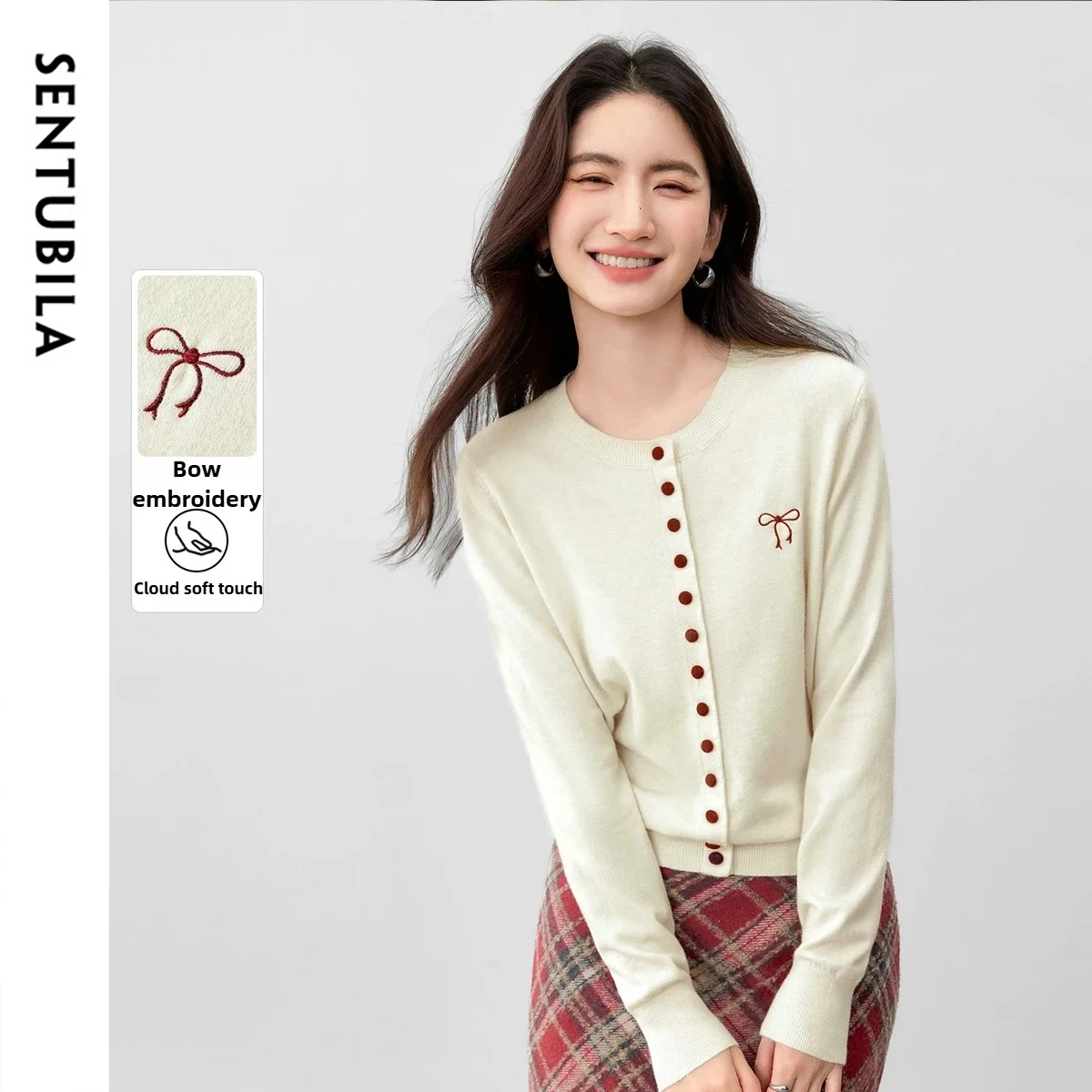 

SENTUBILA элегантный вязаный свитер женский осенний контрастный вышитый кардиган с длинными рукавами мягкий восковой топ W53HE3393