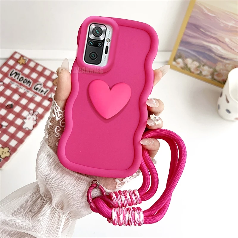 Note10s-funda de silicona ondulada con corazón de amor para Xiaomi Redmi Note 10, 11, 9, 8, 12 Pro, 4g, 5g, 10s, 11s, 9s, 10c, funda con correa para muñeca