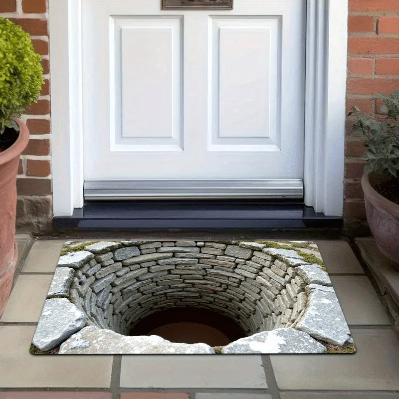 3D Stone Well Hole Flannel Rug Printed Carpet Indoor Decorative Entryway Floor Mat Anti Slip Soft Optical Illusion Design