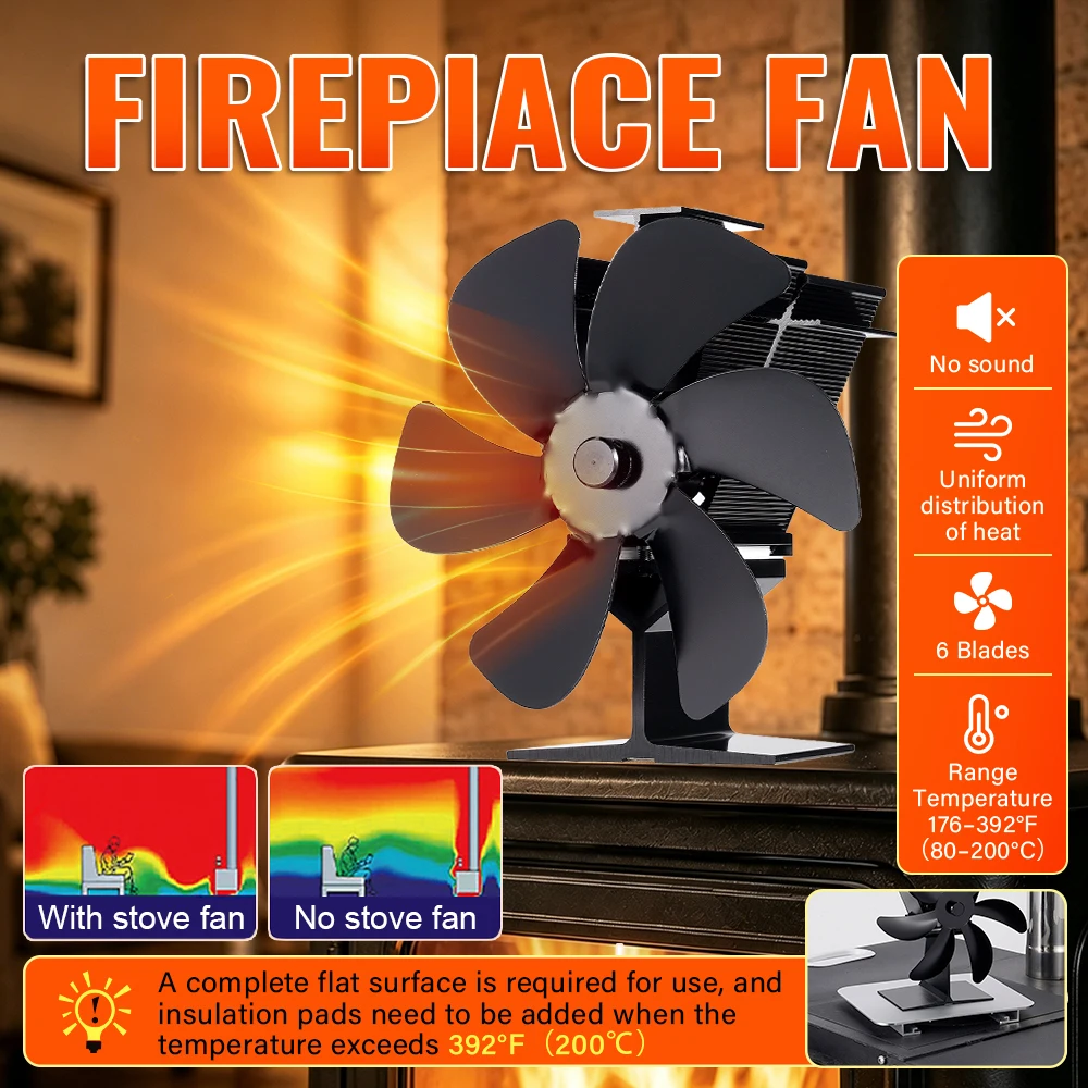 6 Blades Stove Fan Heat Powered  Eco Quiet Black Log Wood Burner Fireplace Fan Winter Warmer Home Efficient Heat Distribution