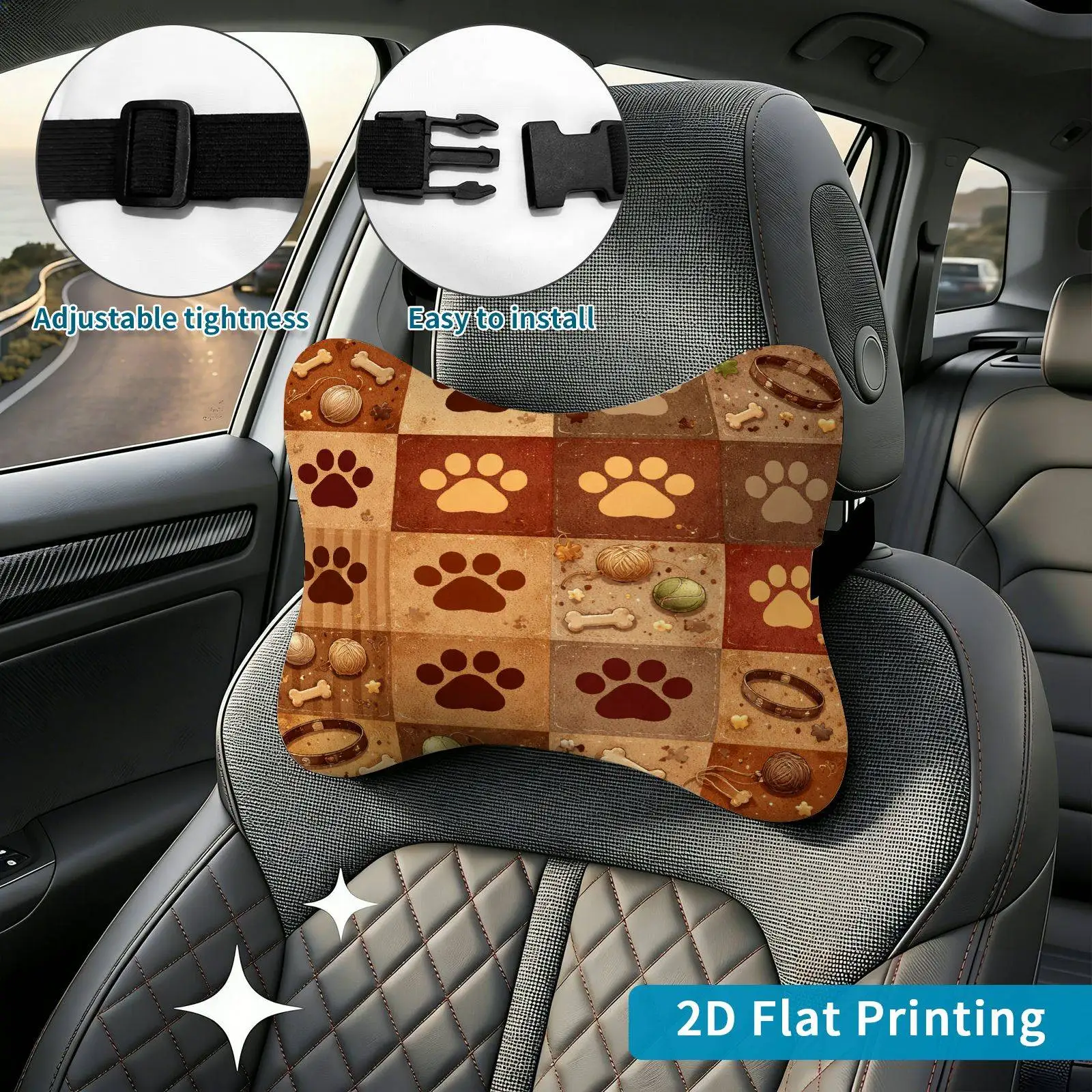 2pcs Paw Print Dog Bone Pattern Car Seat Headrest, Neck Support Cushion, Suitable For All Seasons Of Car Additions, Adjustable T