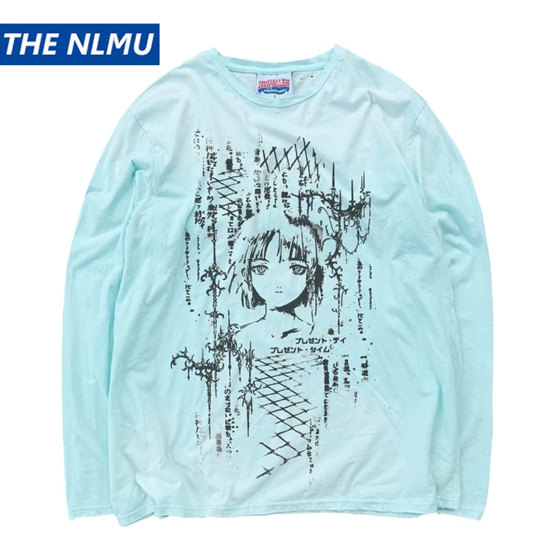 2026 New Vintage Unisex Long Sleeve T-Shirt Washed Distressed Ripped Punk Letter Print 100% Cotton Loose Tee Green Blue