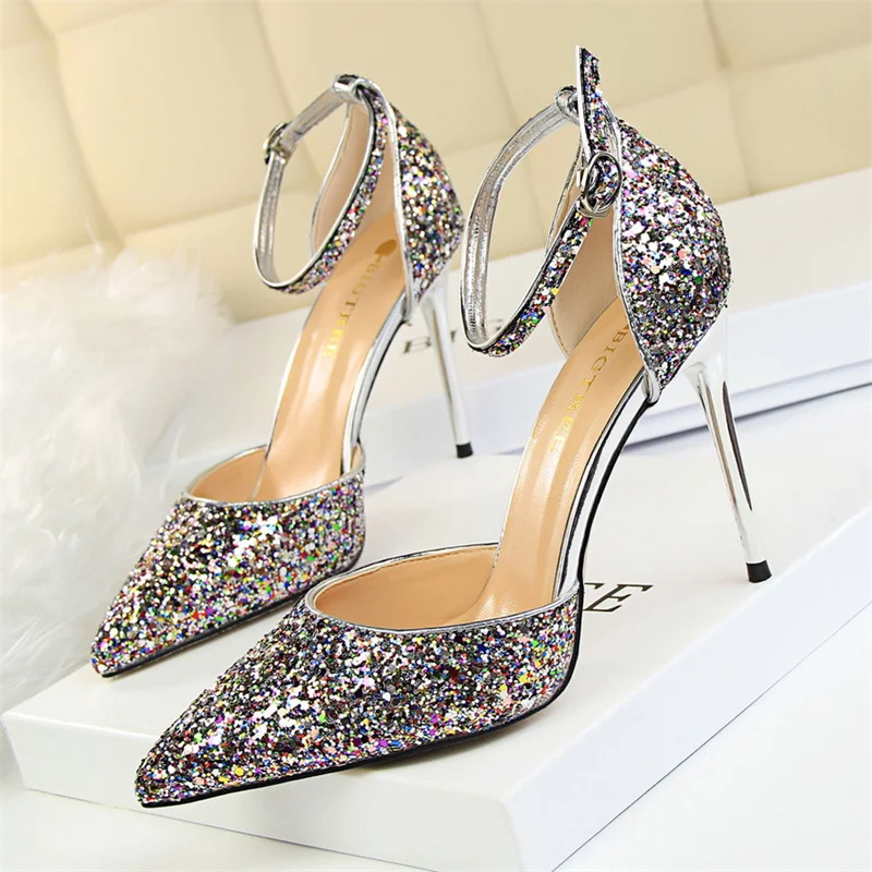 New Summer Women Pointed Toe 7.5cm 9.5cm High Heels Bling Sandals Wedding Bridal Gold Silver Sparkly Sequins Single Shoes