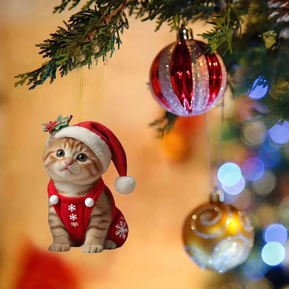 New Acrylic 2D Flat Christmas Cute Cat Holiday Trailer Interior Decoration Home Ornament Pendant Christmas Tree Hanging Keychian