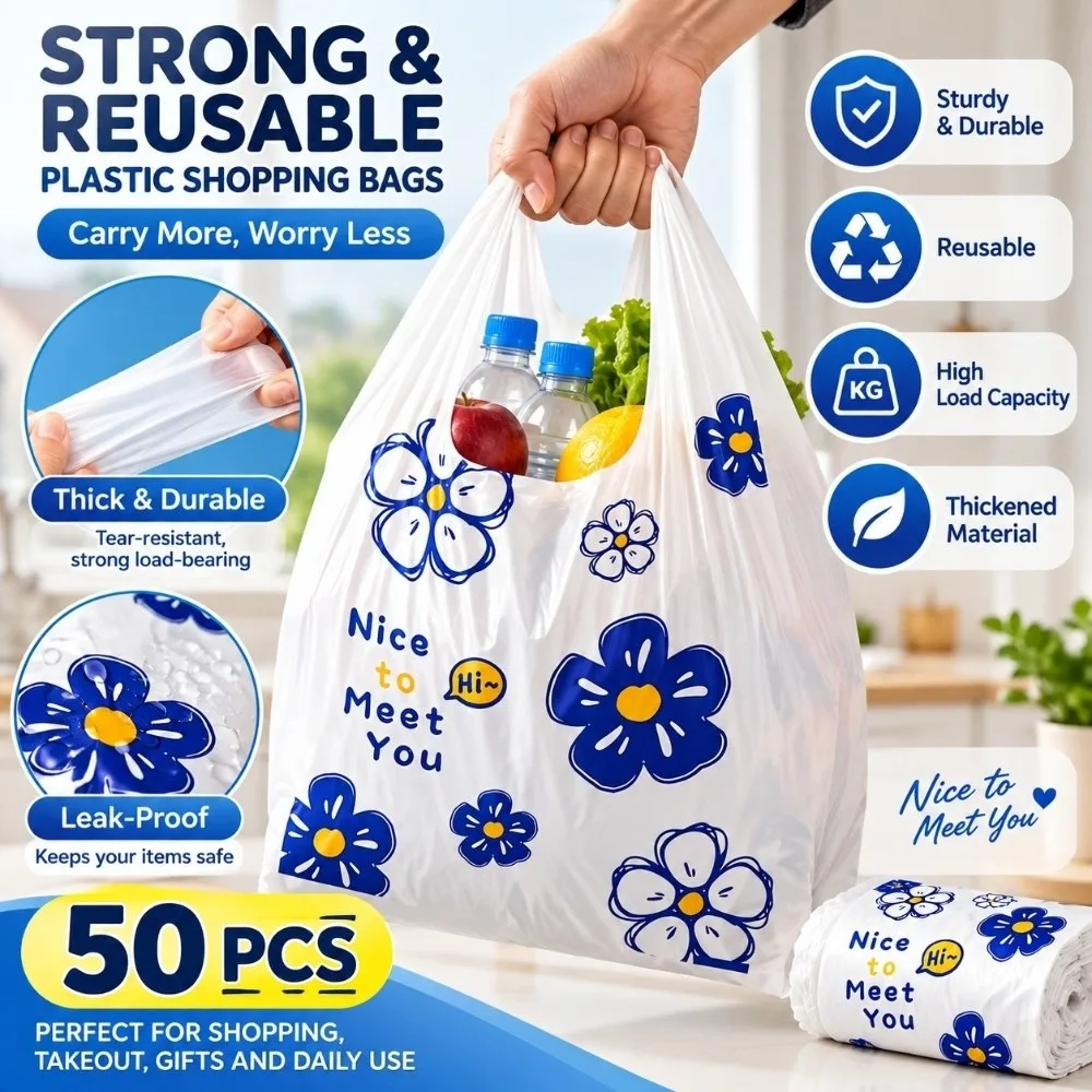 50pcs Blue Flowers Print Plastic Tote Bag Reusable Sturdy Floral Printed T-shirt Bag Storage Packaging Bag Birthday Party