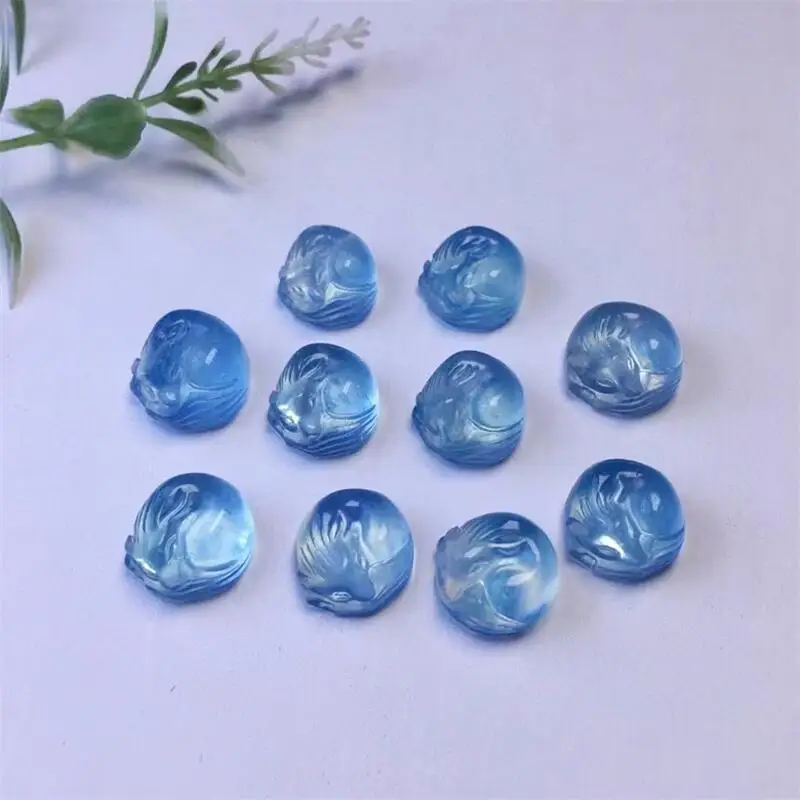 5pcs Natural Aquamarine Sleeping Fox Pendant Miniatures Crystals Stone Healing Reiki Home Room Decor Animal 12-13mm