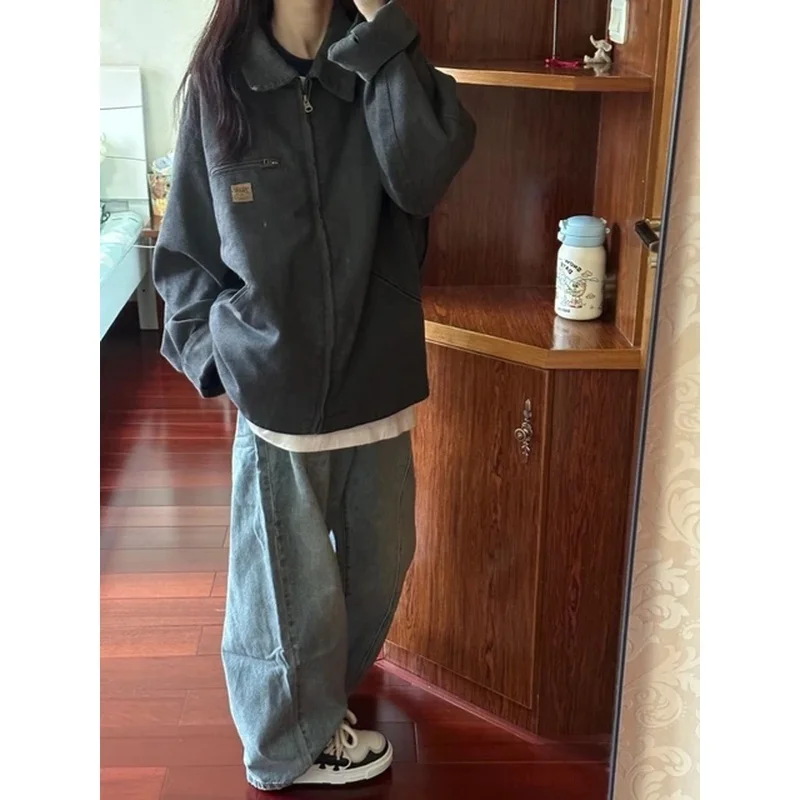 

Streetwear Vintage Solid Pockets Grunge Coats Women Loose Y2k Aesthetic Zipper Hiphop Jacket Casual Harajuku Oversized Jackets