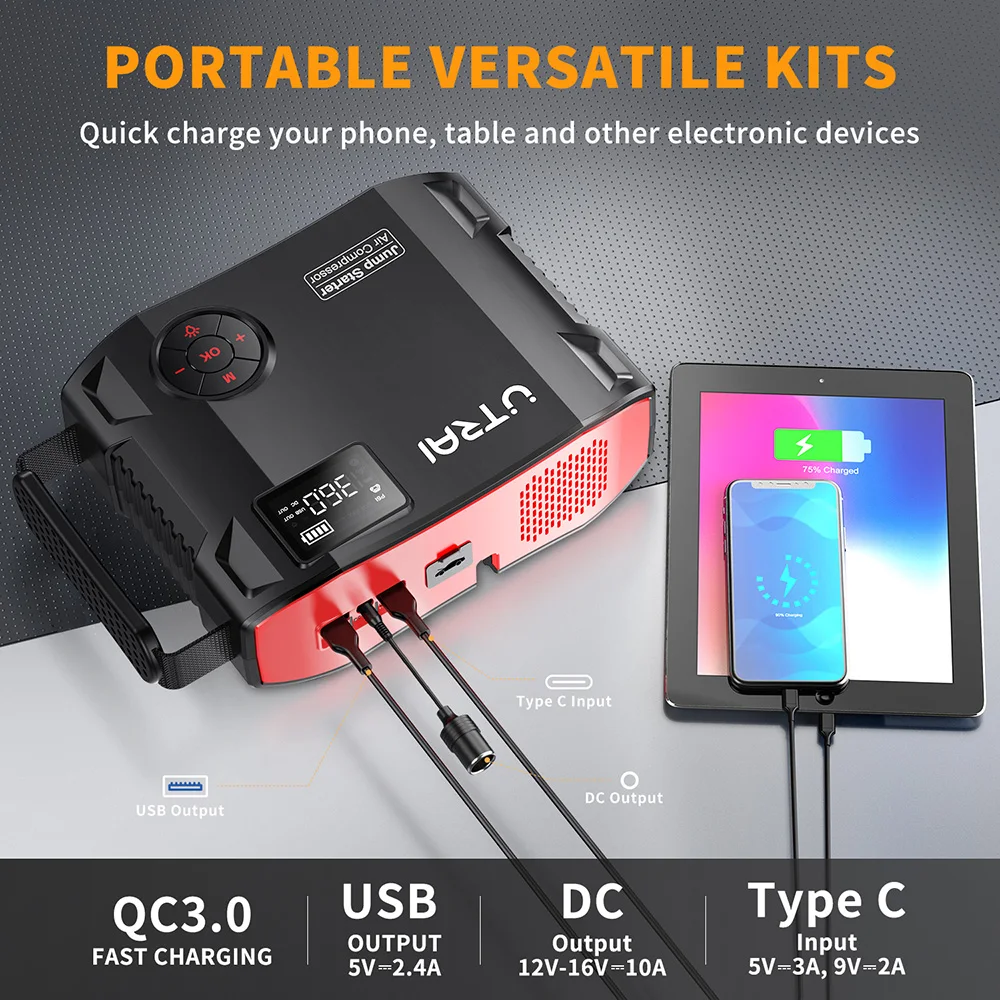 UTRAI Compressor 150PSI Air Pump Bicycle Car 2000A Jump Starter  Power Bank Wireless Tire Inflator LED Air Compressor