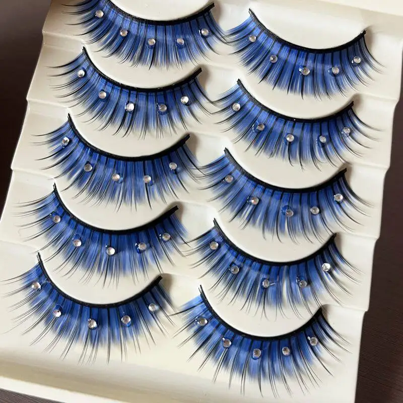 YOKPN 5 pairs comic lashes Exaggerated thick colored blue rhinestone eye lashes COS fake eyelashes big eye lashes