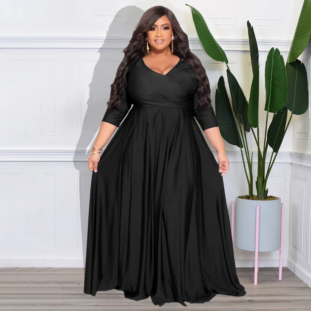 

Plus Size Solid Wide V Neck Party Dress Female Luxury Dinner Prom Lady Evening Robe 2025 Autumn Elegant And Pretty Women Dresses