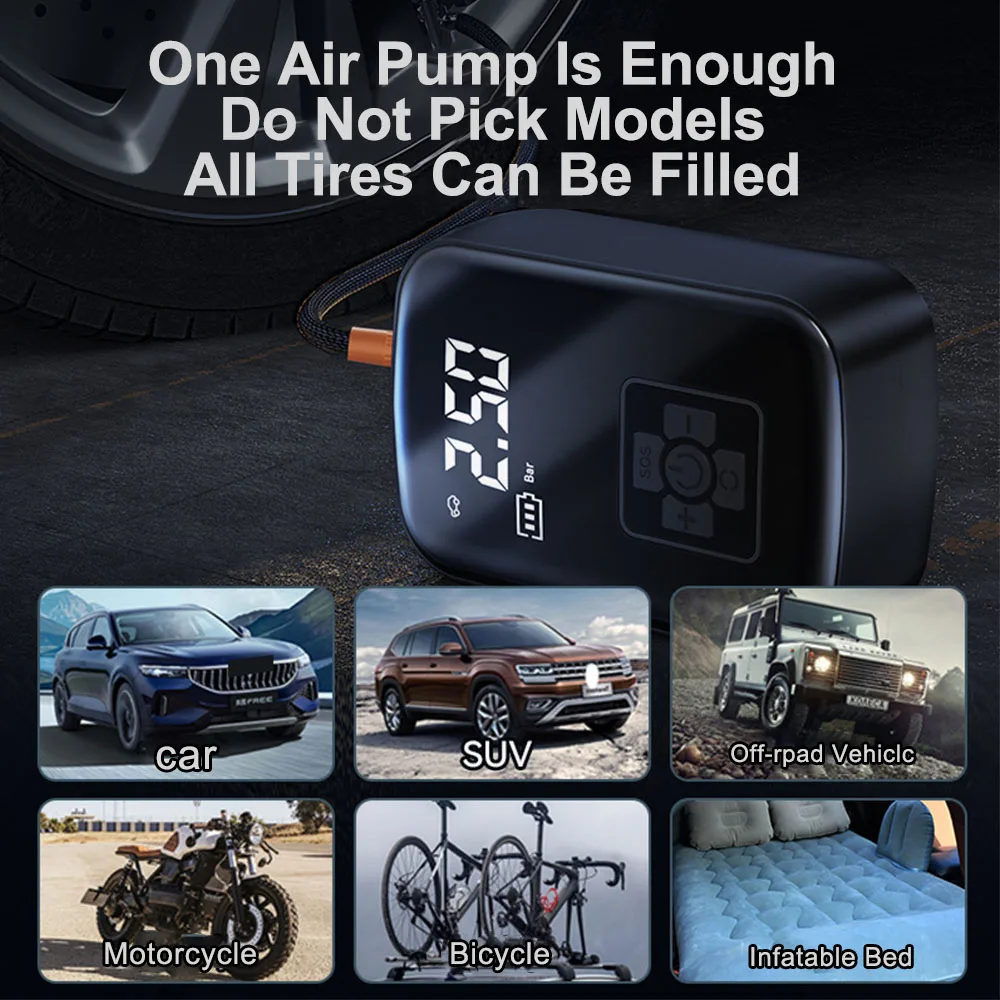 Wireless Tire Inflatable Pump LCD Display Car Electrical Air Pump Mounted Motorcycle Bicycle Ball Inflator Compressor Portable