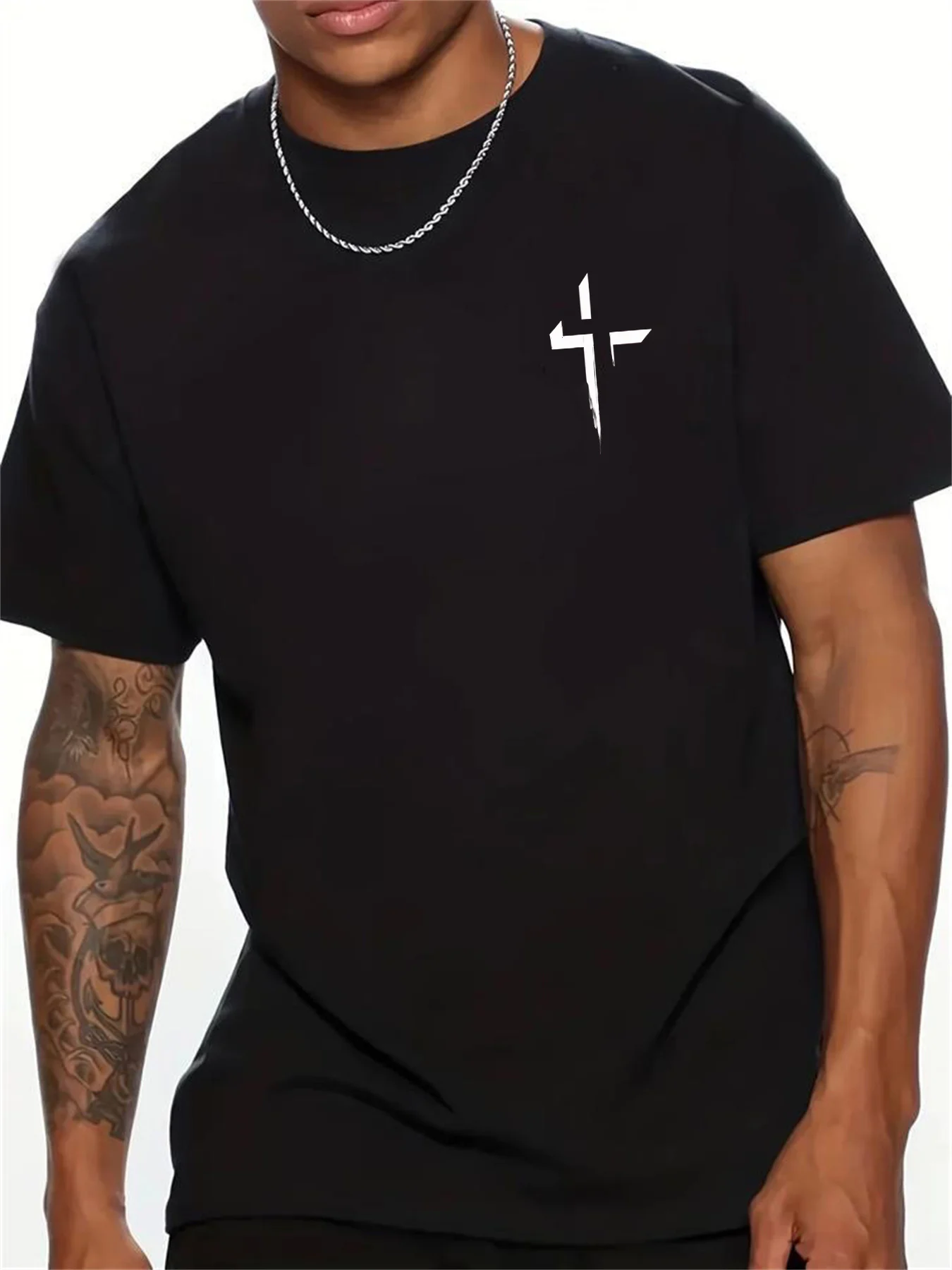 夏のメンズ綿 100% カジュアルルーズ大クロス信仰プリントスポーツ快適なラウンドネック半袖 Tシャツトップ