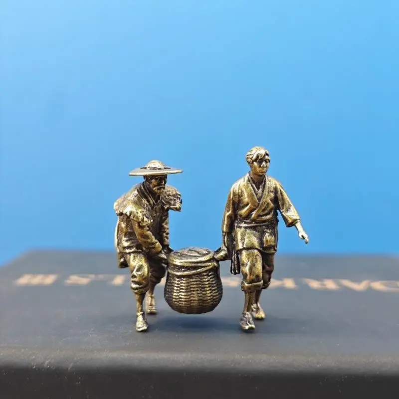 Brass Farmer Carrying A Bamboo Basket Miniature Landscape Figure Model Artificial Hill Ancient Style