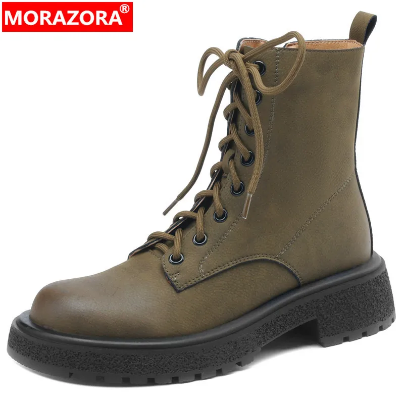 

MORAZORA 2024 New Zipper Genuine Leather Ankle Boots For Women Vintage Narrow Band Winter Boots Square Med Heels Platform Shoes