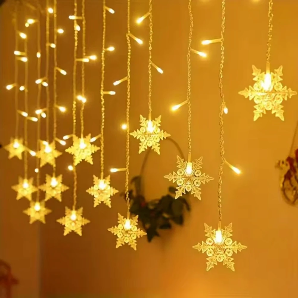 Snowflake Curtain String Lights, USB Powered LED Hanging Snowflake Fairy Lights, Christmas Window Home Wall Decor