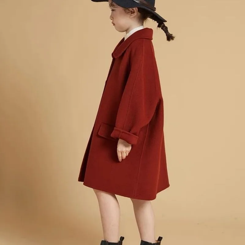 New Fashion Girls Double Sided Woolen Coat Autumn Winter Kids Red Princess Style Long Overcoat Big Girls Children Clothing
