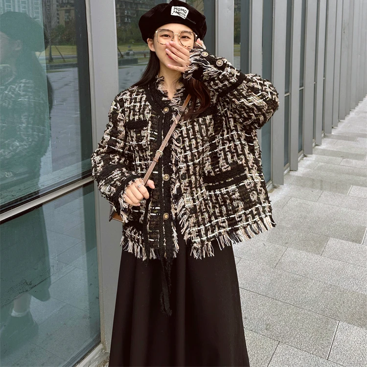 

Thiened Cotton Woolen Women's Autumn Winter Retro Color Blo Tassel Plaid Cotton Jaet Small Fraance Sle Outerwear