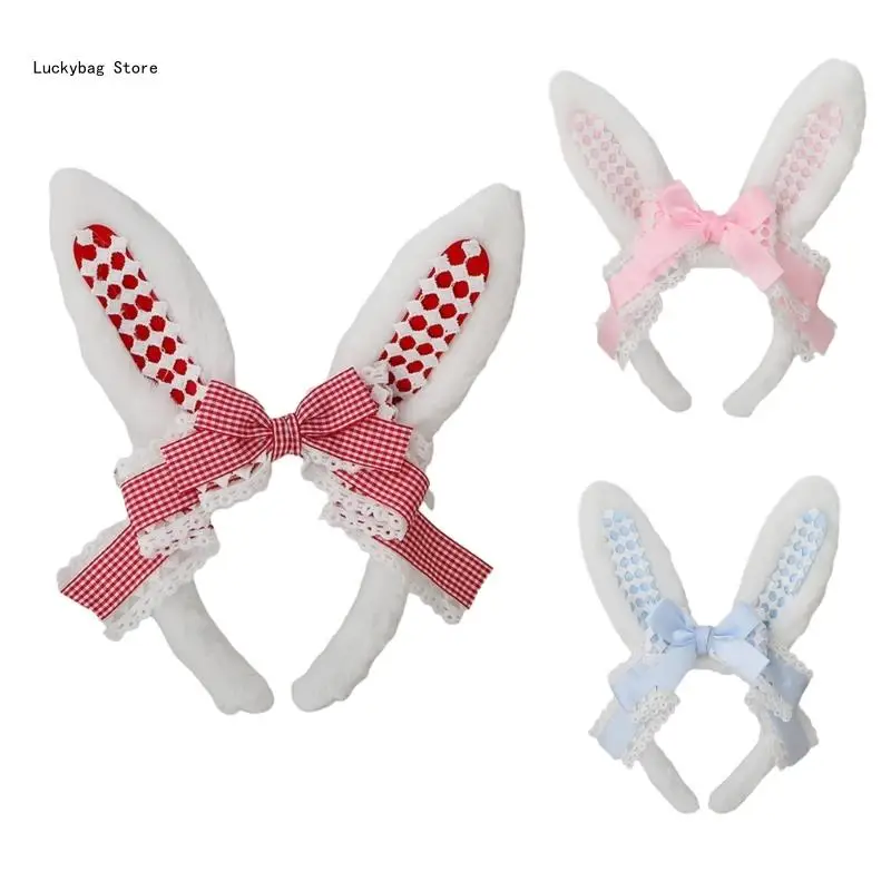 

Girl Rabbits Headbands Bowknot Ribbon Furry Headwear Hairbands Fun Headwear