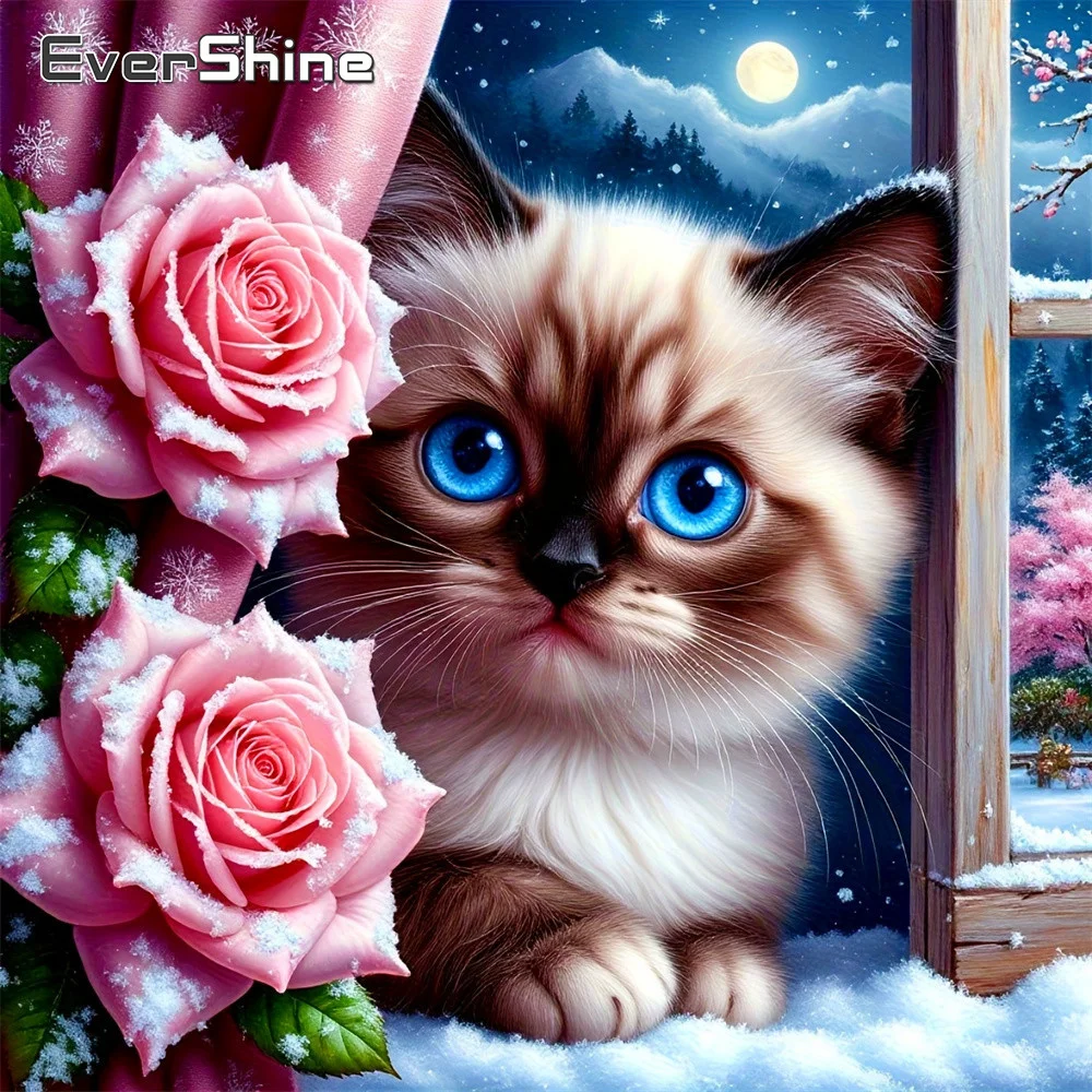 Evershine Diamantmalerei Tier Katze Vollquadrat-Drill Stickerei Rose 5D Strass Bild Mosaik Fenster Wanddekoration
