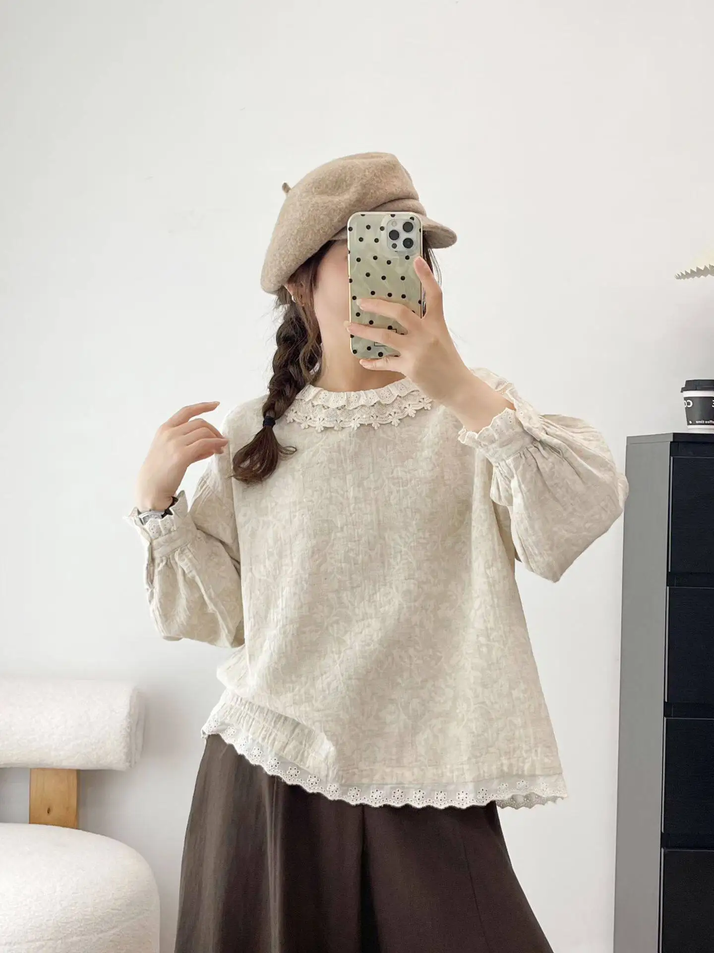 New 2026 Autumn Women Cotton Linen Long Sleeve Shirt, Ruffled Print Lace Patchwork, Mori Girl Preppy Style Loose Blouse T6O586CC