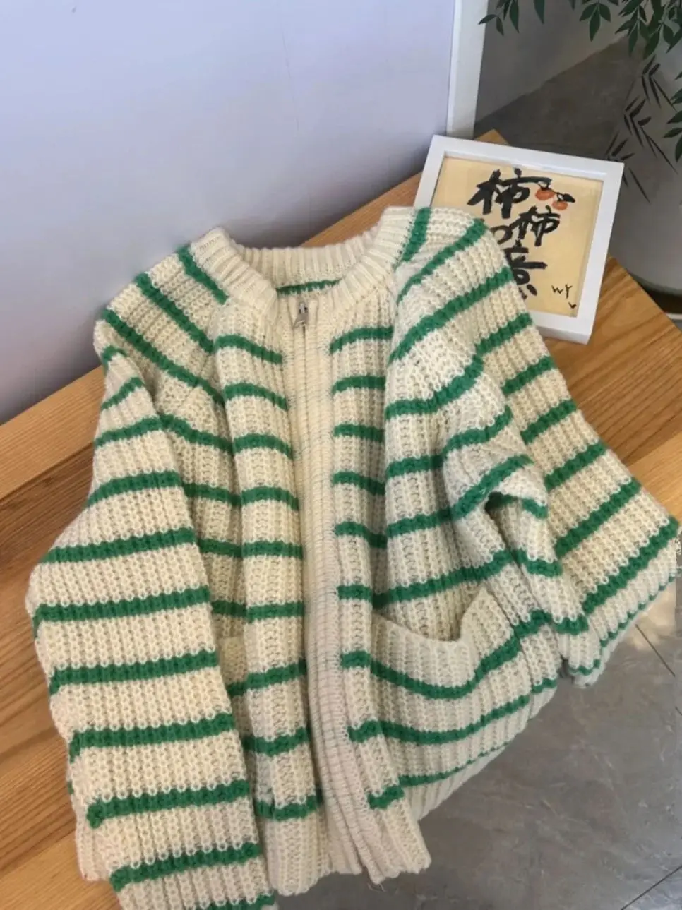 Green Striped Zippered Sweater Knitted Cardigan Women\'s Spring Autumn O-Neck Top New Loose Harajuku Long Sleeved Outwear