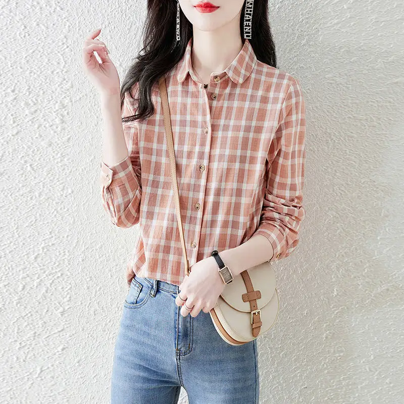 Casual Simplicity Lattice Blouse High-quality Long Sleeve Slim Autumn Office Polo Collar Dovetail All-match Lady Shirt 2023