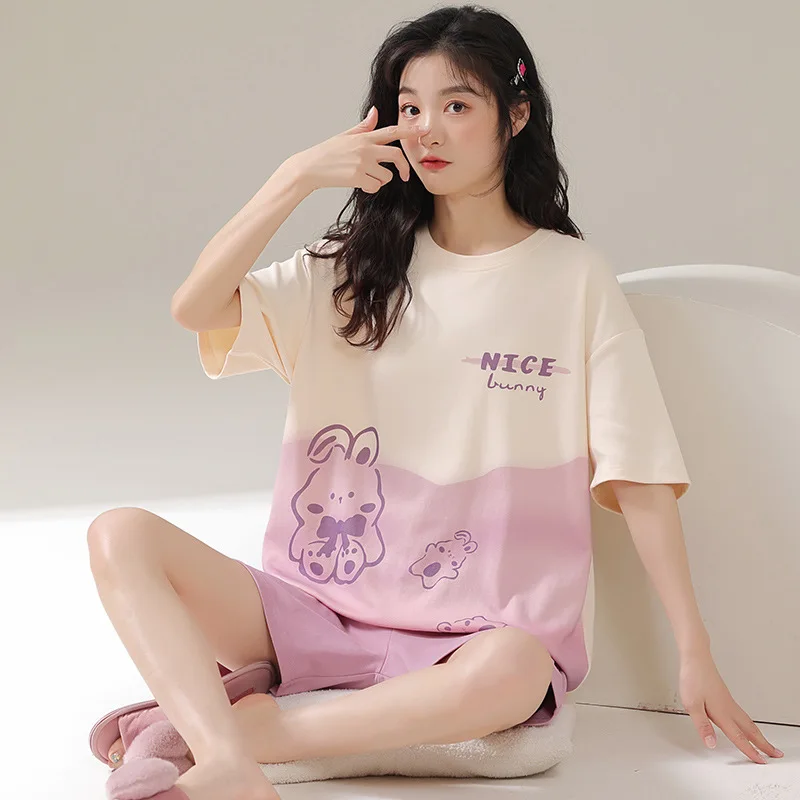 2023 Women Sleepwear Summer Pajama Set Round Collar Cotton Short Sleeve Top+Shorts Female Pijama Homewear Suit Cartoon Pyjamas