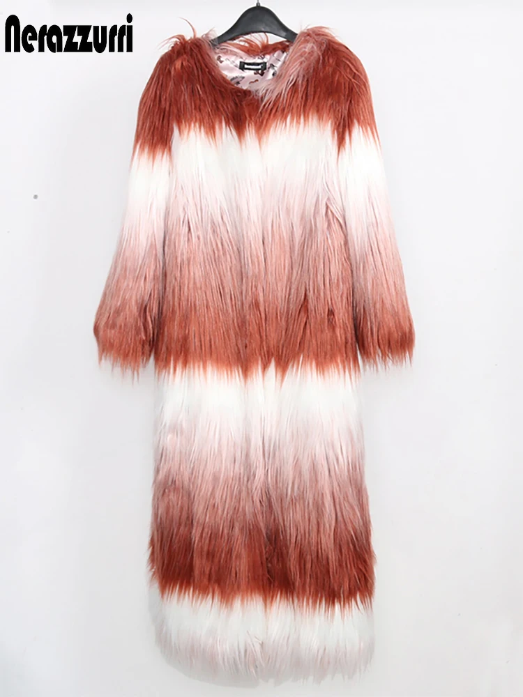 Nerazzurri Winter Long Colorful Multicolored Shaggy Hairy Gradient Thick Warm Faux Mongolian Fur Coat Women Korean Fashion 2023