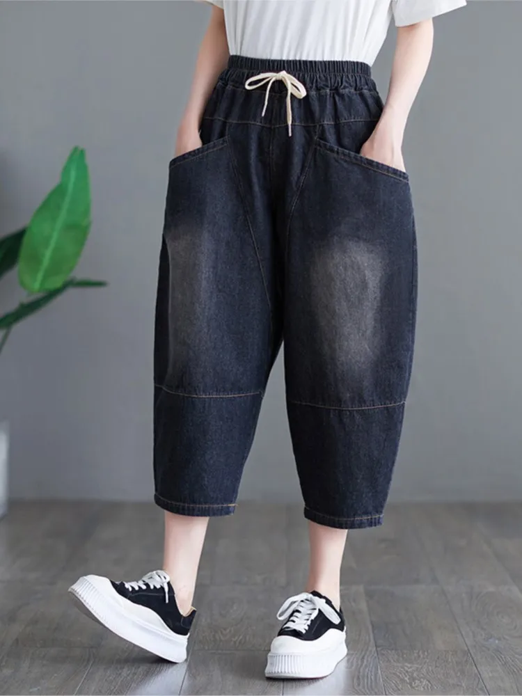 Oversized Jeans Zomer Elastische Hoge Taille Broek Vrouwen Losse Geplooide Mode Dames Broek Casual Vrouw Harem Broek