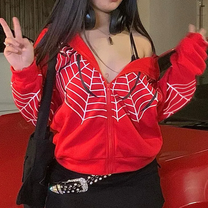 2000s Red Spider Web Print Oversized Sweatshirt Gothic Harajuku Zipper Jacket Clothes Punk Winter Woman Hoodie Couple Outfit