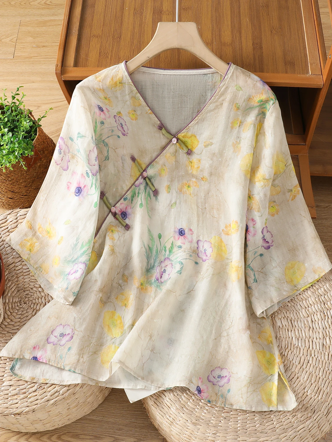 

Linen Printed V-Ne Women's irt Large Size Chinese Sle Button Svel Tea Costume Commute Sle Straight Cut Summer S...