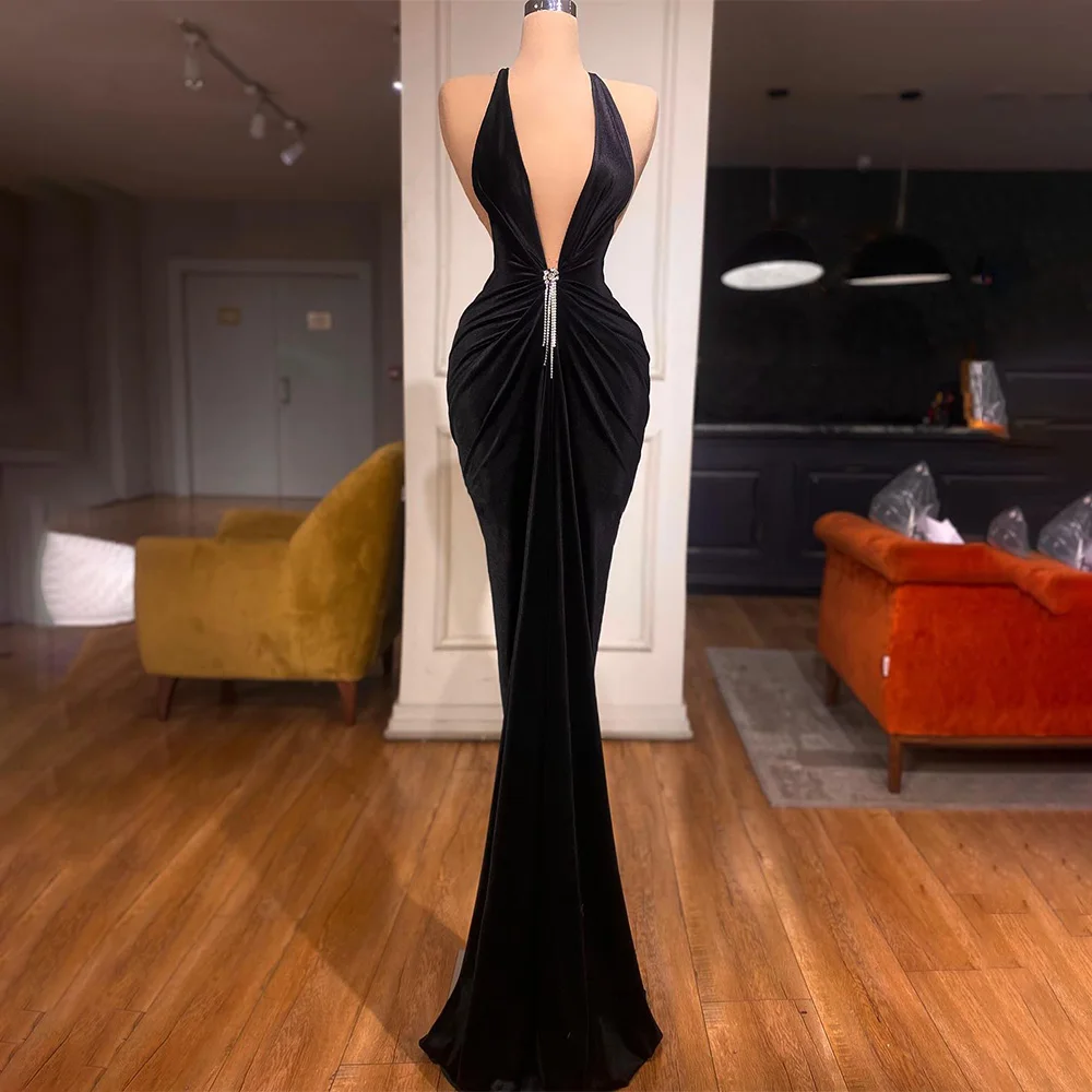 

Black Velvet Evening Dress for Women Deep V Neck Sleeveless Mermaid Gown Sexy Backless Floor Length Crystal Party