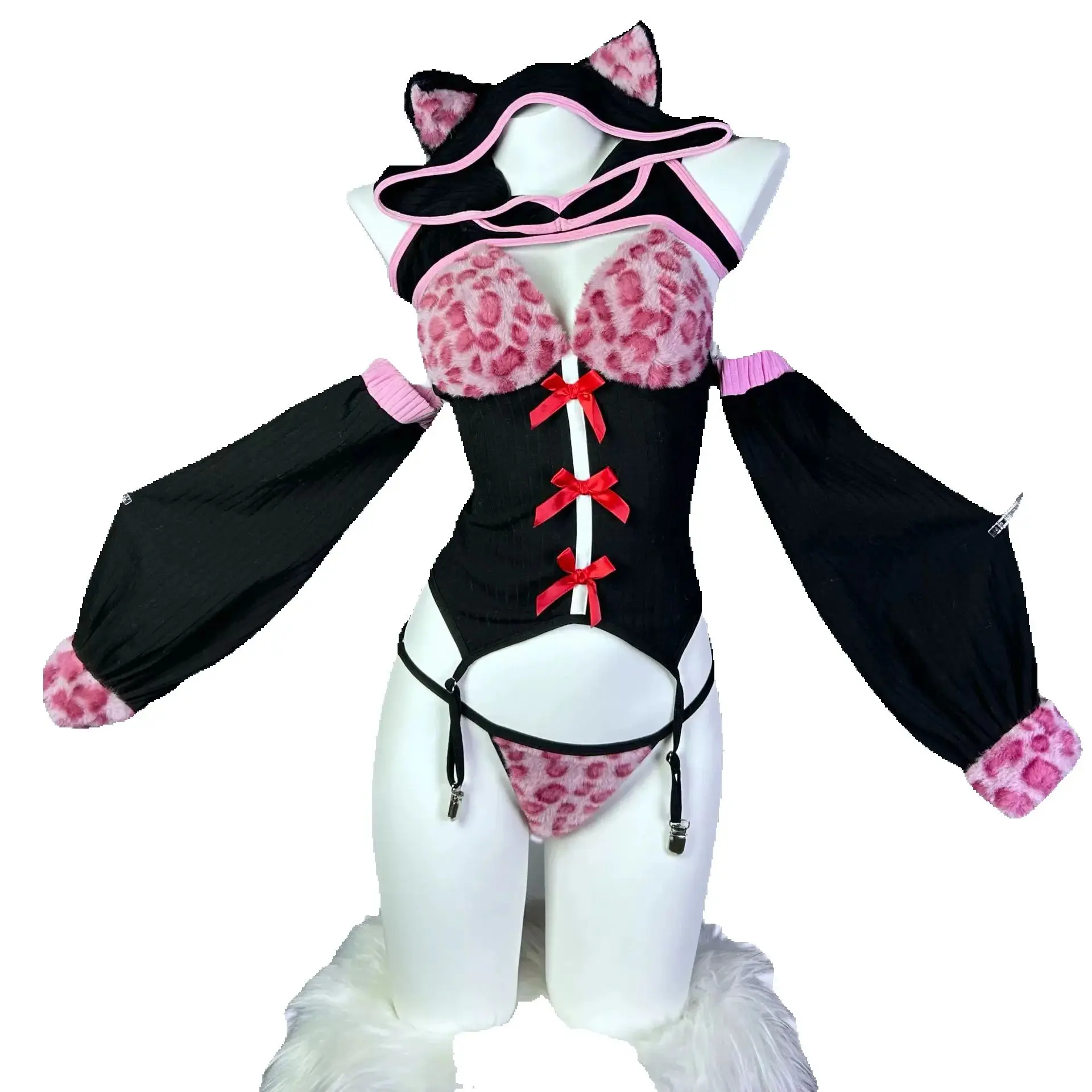 

Sexy Anime Little Leopard Girl Combat Uniform Women Cute Cat Outfits Ears Hooded Short Vest Linergie Christmas Cosplay Costume