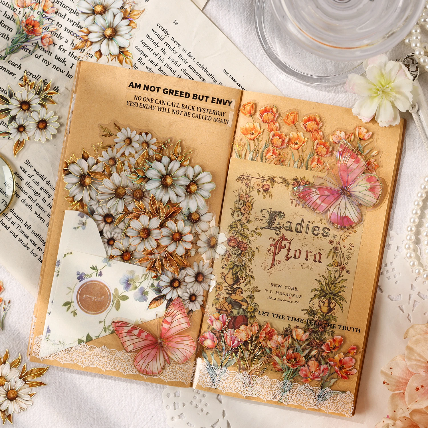 6 Stile Traum vom Blumenmeer Serie Aufkleber Blumen-Themen Junk Journal Planer Tagebuch Scrapbooking Collage Dekorative PET-Sticker
