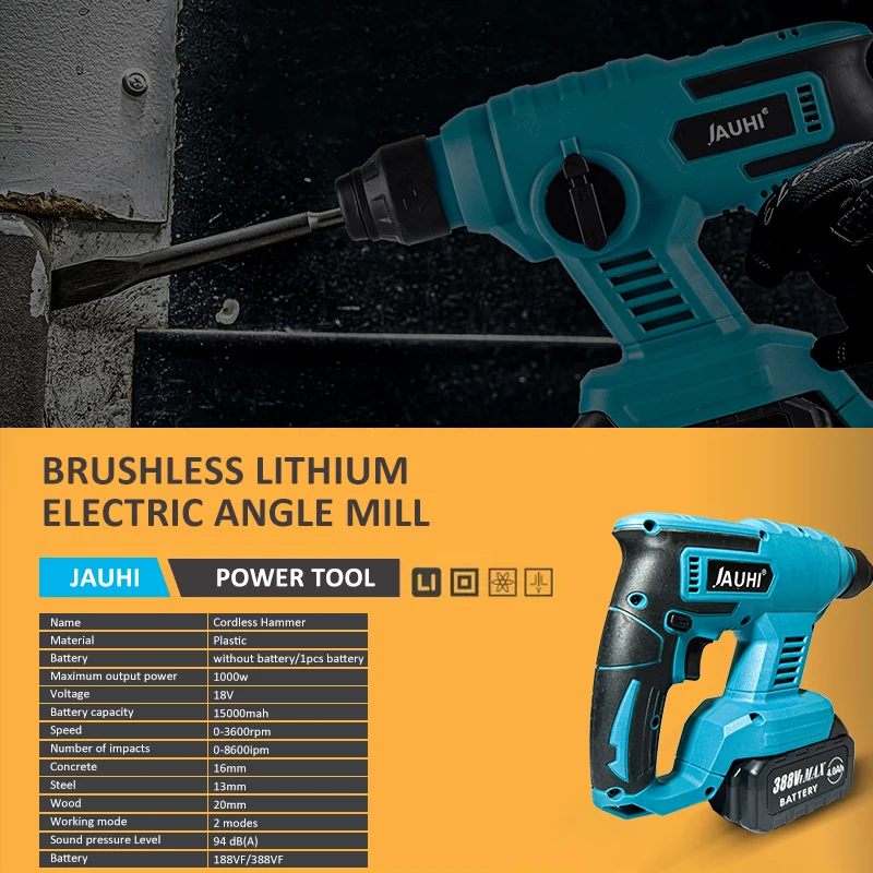 JAUHI 3600rpm Cordless Electric Rotary Hammer Rechargeable 8600ipm Electric Hammer Drill For Makita 18V Battery Power Tools