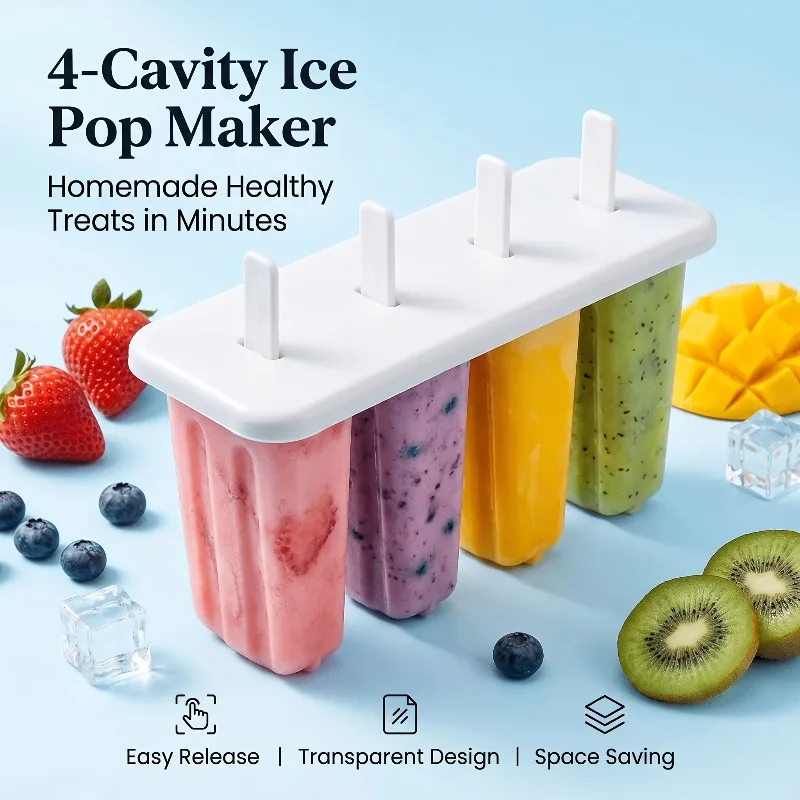 Popsicle Molds Ice Pop Maker Tray Plastic Homemade DIY Frozen Treat Kit For Summer Snack Ice Cream 4 Cavity Kitchen Tool Kit Pro