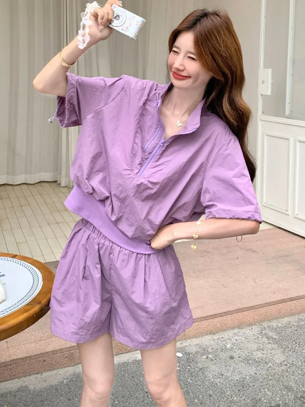 Purple Stand Collar Fake Two-Piece Top Bottoms Set Women's Summer Youth Energy Casual Sports Style Two-Piece Suit