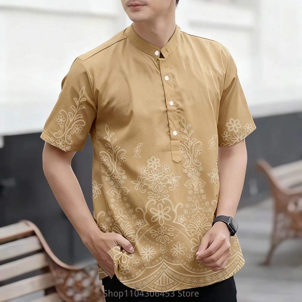 2025 New Men's Ethnic Style Simple Retro Short-sleeved Shirt Plant 3D Printing Business Casual Fashion T-shirt Vacation Outdoor