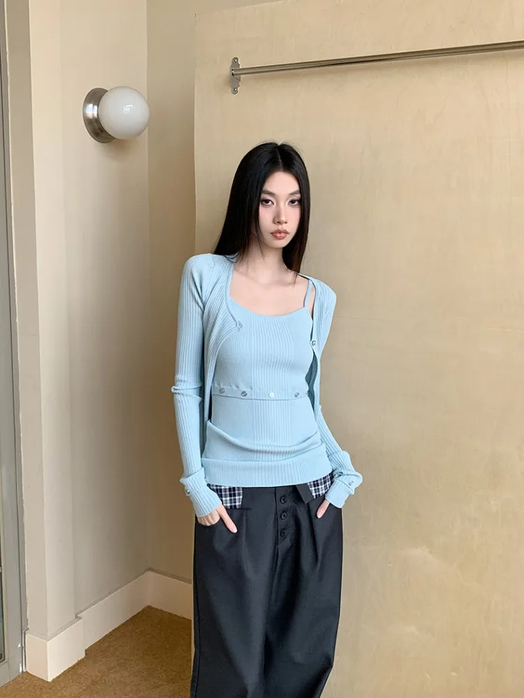 

Gentle Temperament Solid Color Set Women'S Spring And Autumn Texture Knitted Cardigan With Camisole Slim Pants Three Piece Set
