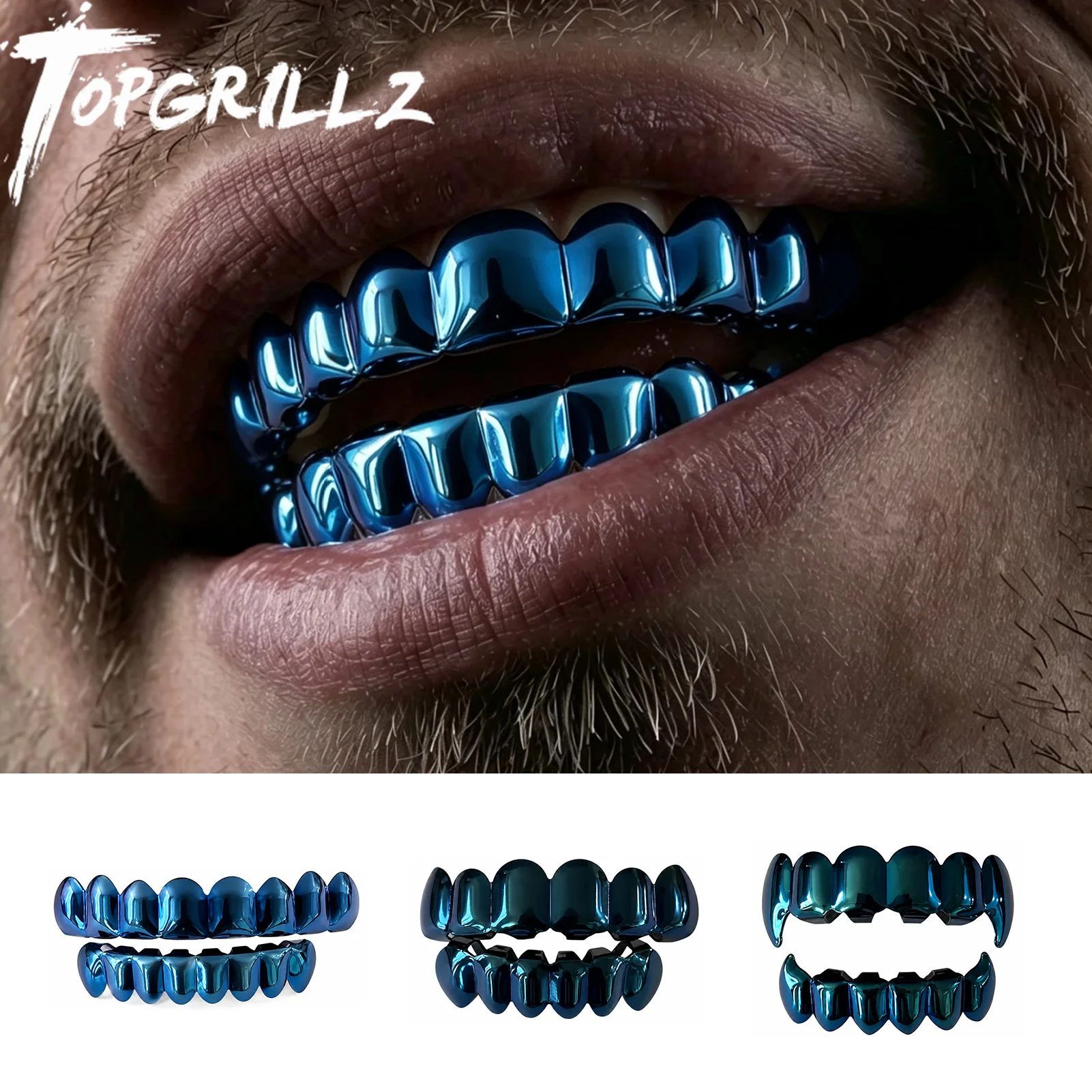 TOPGRILLZ Hip-Hop  Blue Colorful Dental Teeth Grillz Top&Bottom Shinny Personalized Grill Punk Rapper Halloween Gifts
