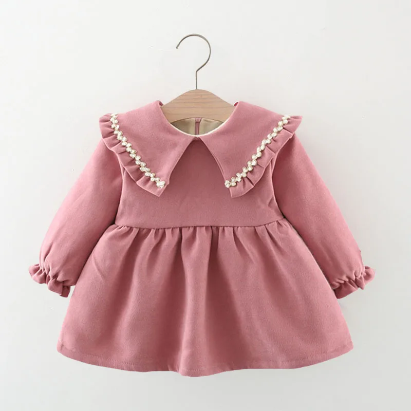 Spring and autumn baby girl dress baby girl bright diamond trimmed large lapel collar long sleeved princess dress