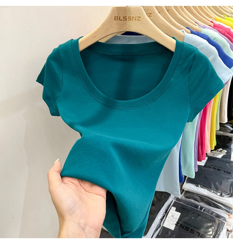 2026 Sexy Quadratischer Ausschnitt Slim T-Shirt Damen Baumwolle Elastisch Basic Einfarbig Lässige Oberteile Kurzarm Dünne T-Shirts Transparent – Detail 26