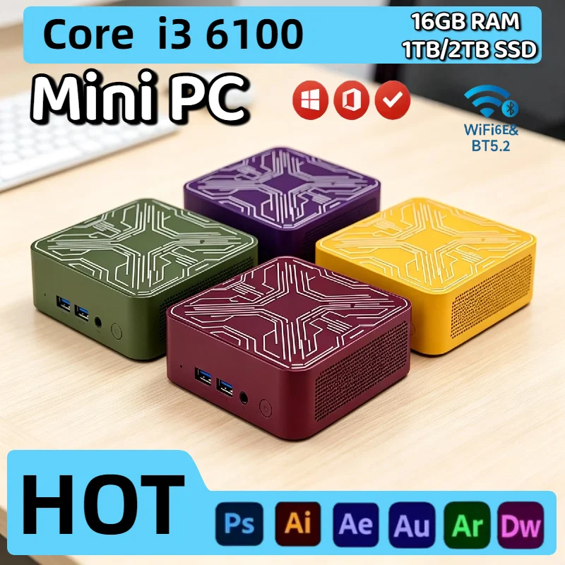 Intel Core i3 6100 Mini PC 16GB RAM 2TB NVMe SSD Triple 4K Display WiFi6 BT5.2 High Performance Home Office Pro Unit