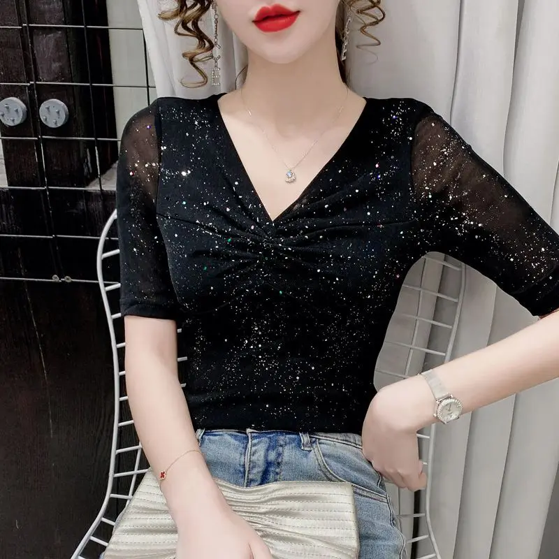 Short-sleeved Women Mesh T-shirt Summer Shiny bottoming top Casual Bright Silk Pleated Black Shirt blusa feminina