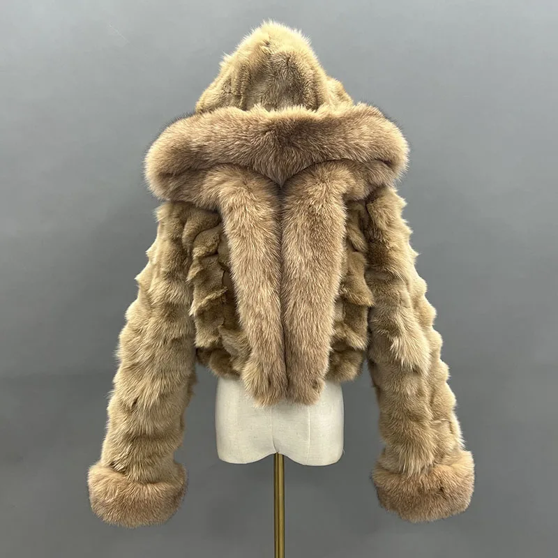 Women Winter Coat Warm Colorful Hooded Real Fox Fur Jacket Women High Quality Fox Fur Crop Top Ladies  Short Style Thick Fluffy