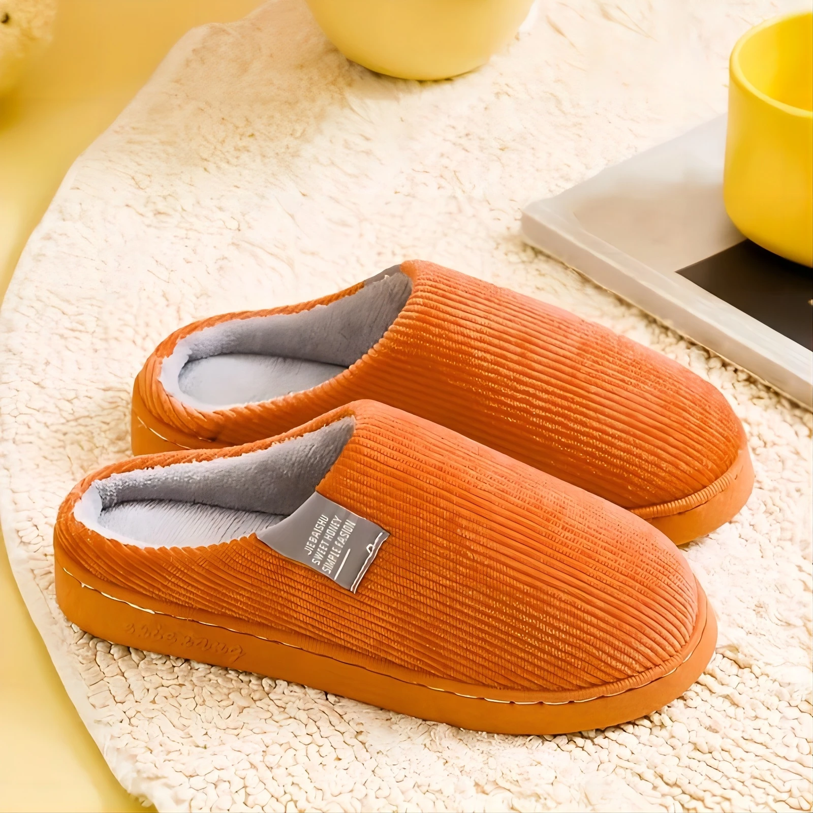 Men's Shoes Casual Warm Plush Lining Slip On Striped Cotton Platform Slides Unisex Comfortable Anti-skid indoor Couples Slippers