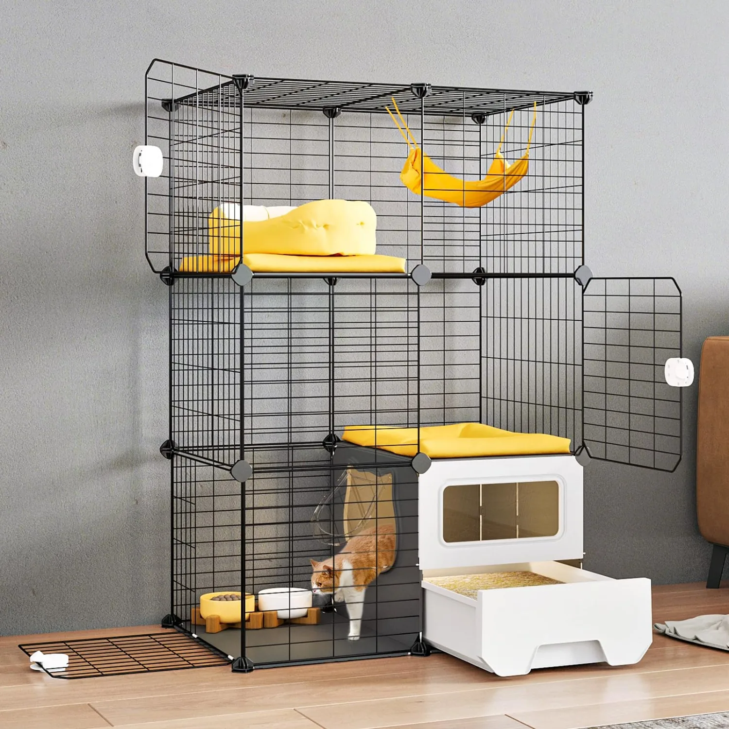 Cat Cage Indoor with Litter Box 3-Tier DIY Cat Playpen Detachable Metal Wire Kennel Crate Large Exercise Place Ideal