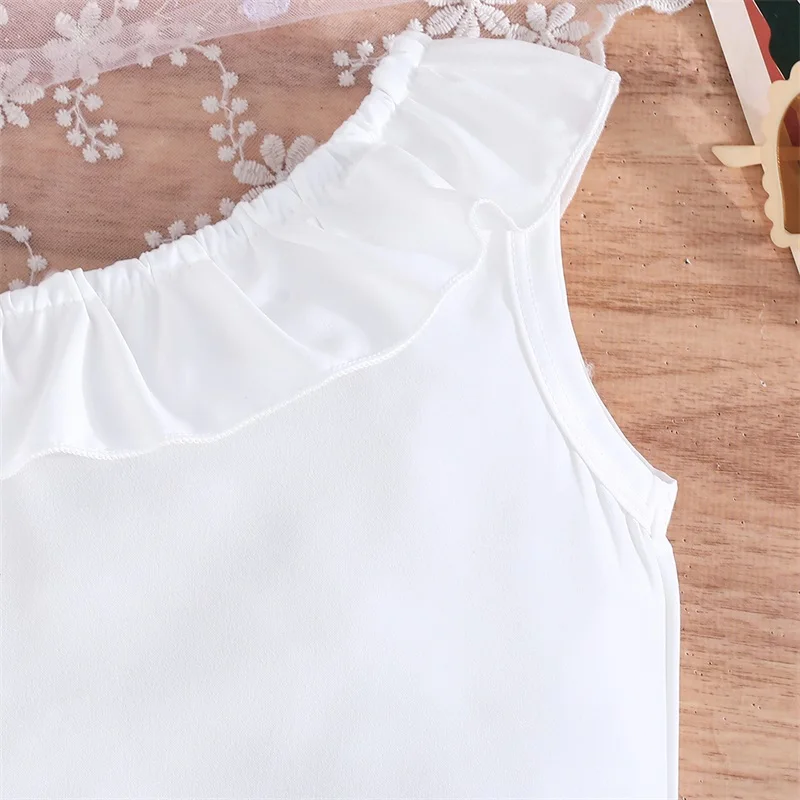 สาวดอกไม้พิมพ์ Ruffle เสื้อแขนกุดและกางเกงขาสั้นชุดฤดูร้อนชุดเด็กวัยหัดเดินเสื้อผ้าเด็กปิดไหล่กางเกงยีนส์กางเกงขาสั้น
