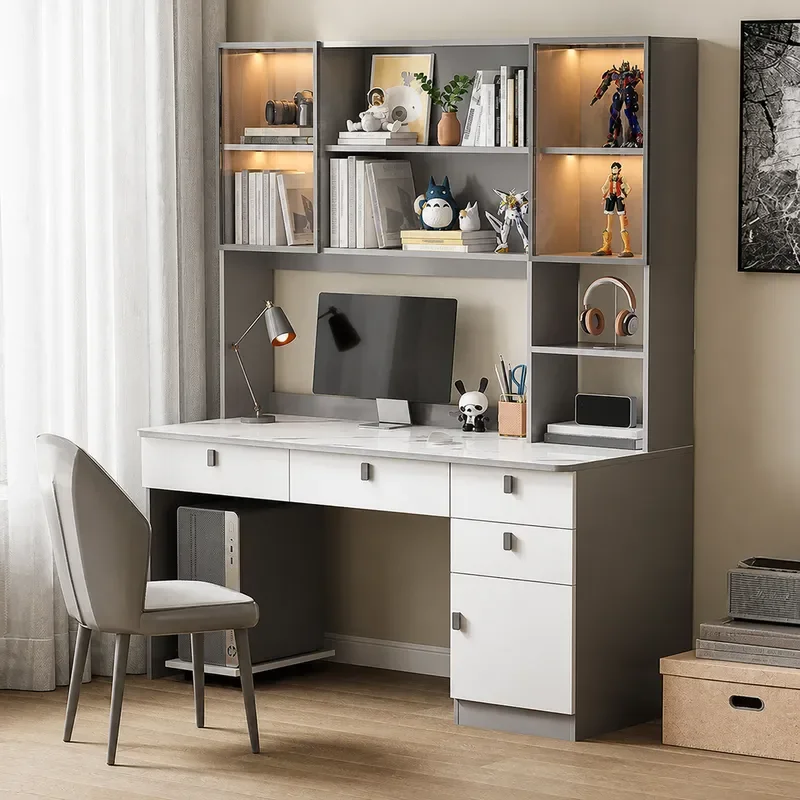 Solid Wood Computer Desk with Integrated Bookshelf Home Office Study Table for Students Bedroom Writing Desk