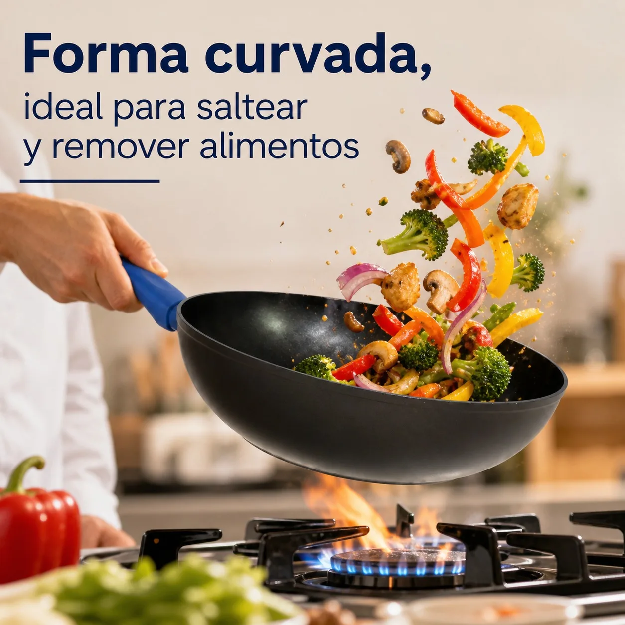 Wok antiadhésif en aluminium forgé de 28 cm, casserole professionnelle avec poignée ergonomique bleue, compatible avec les plaques à induction, à gaz et en vitrocéramique, dimensions 28x47x11 cm